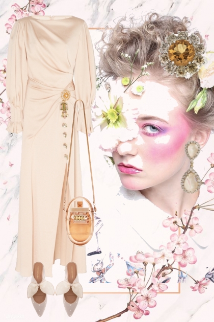 Beige kjole med gyldent tilbehør- Combinaciónde moda