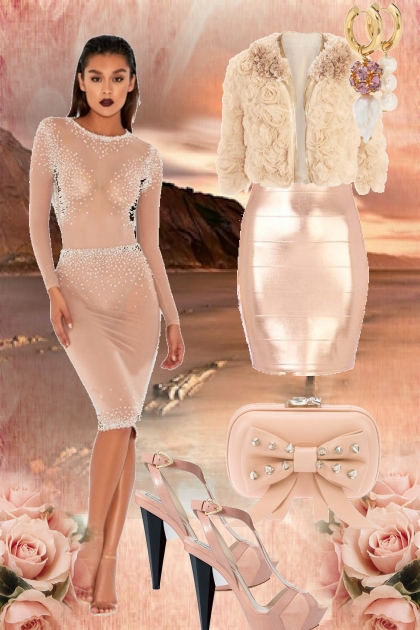 Rosa kjole og pels- Combinazione di moda