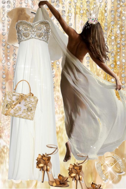 Hvit sid kjole med gull- Modekombination