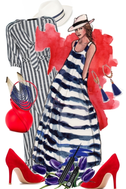 Blå/hvit stripet kjole og rødt tilbehør- combinação de moda