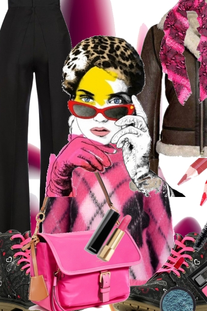 Sort bukse og skinnjakke med rosa tilbehør- Combinazione di moda