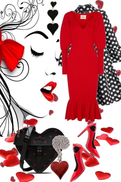 Kåpe med hjerter og rød kjole- combinação de moda