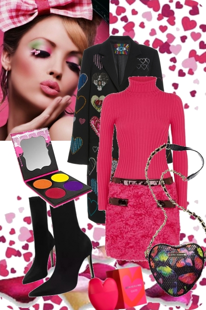 Sort kåpe med hjerter og rosa kjole- Модное сочетание