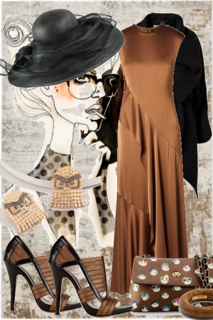 Brun kjole med sort kåpe og hatt- combinação de moda