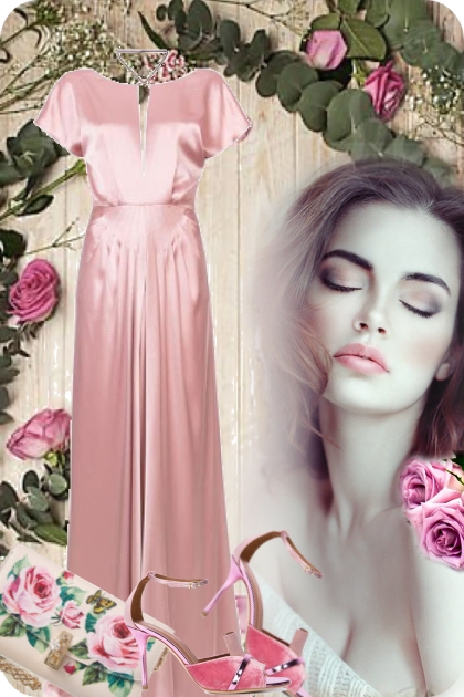 Rosa sid kjole og veske med roser