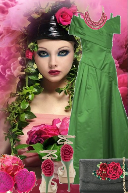 Grønn sid kjole med tilbehør- Fashion set