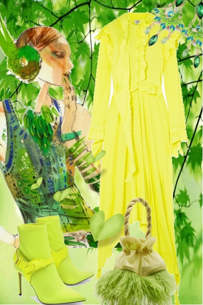 Gul kjole og grønt tilbehør- Modna kombinacija