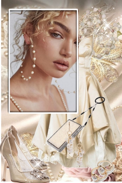 Kremfarget kjole og perler- Combinaciónde moda