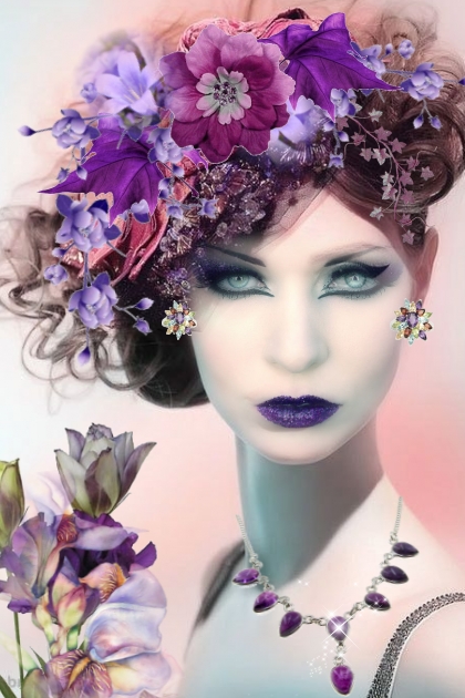 Dame med lilla blomster- Modekombination
