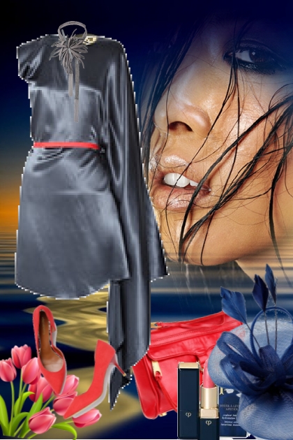 Blå kjole med rød veske og sko- Combinaciónde moda