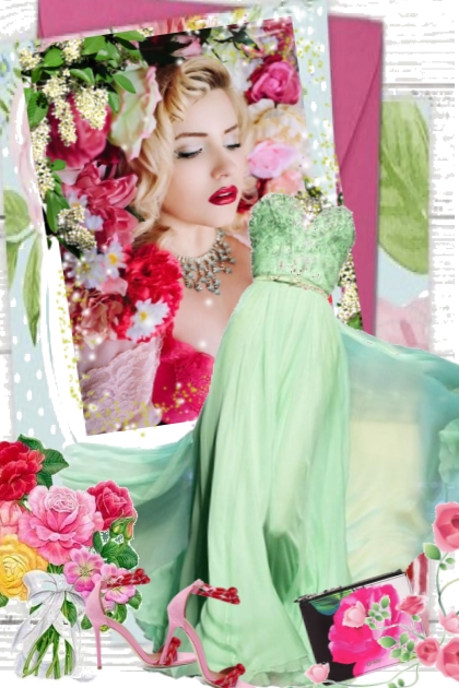 Lys grønn sid kjole med rosa tilbehør- Modna kombinacija
