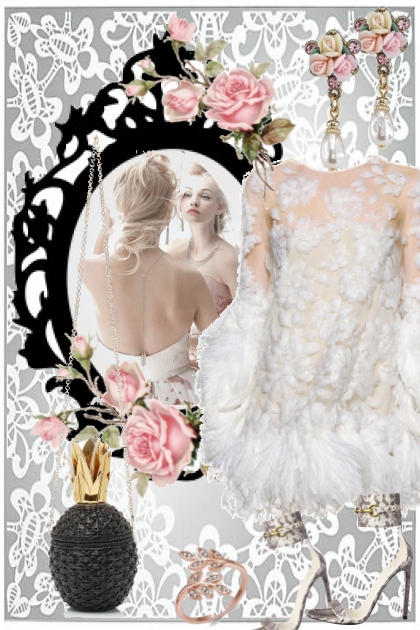 Hvit kjole med blonder og fjær- Модное сочетание