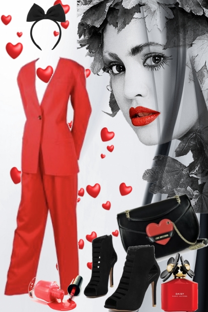 Rød buksedress og sort tilbehør- combinação de moda