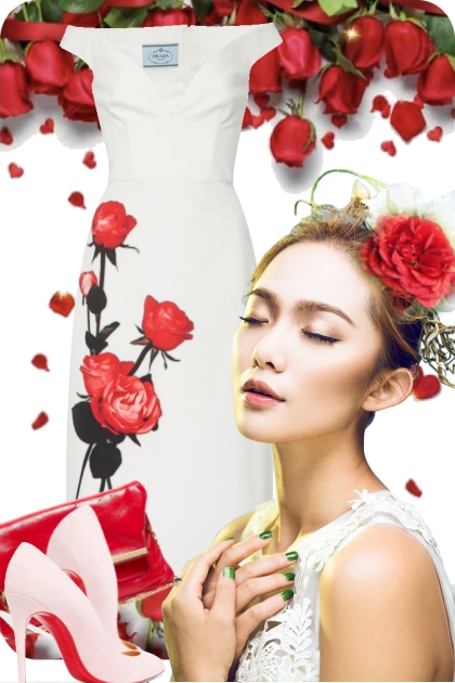 Hvit kjole med røde roser- Combinaciónde moda