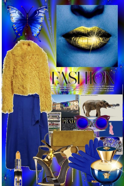 Blå kjole med gullfarget tilbehør- Combinazione di moda
