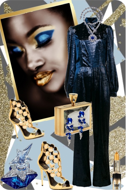 Blå metallic hel dress og gull tilbehør- Modekombination
