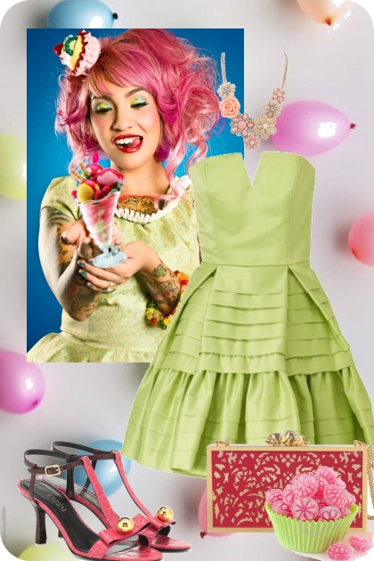 Lys grønn kjole og rosa tilbehør- コーディネート