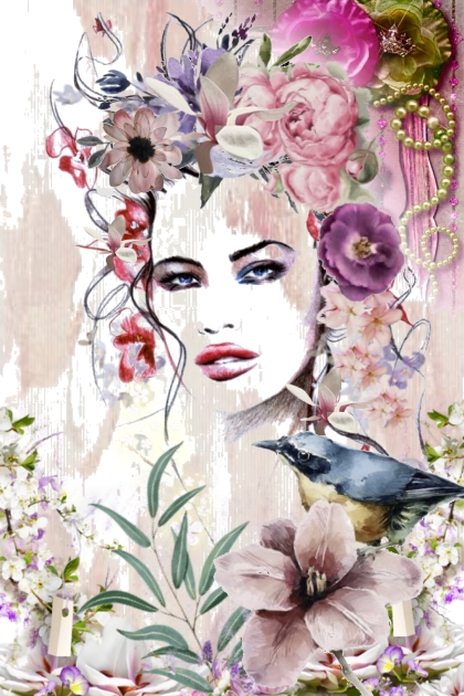 Dame med lilla blomster og fugl