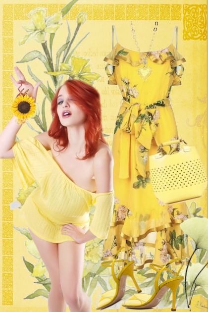 Gul kjole med blomster og gult tilbehør- Modna kombinacija