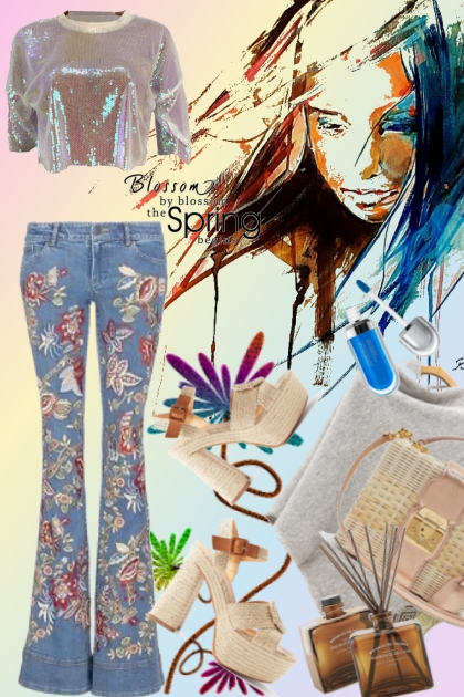 Jeans med blomster og sølvtopp