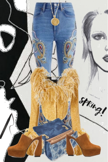 Jeans og gul strikkejakke