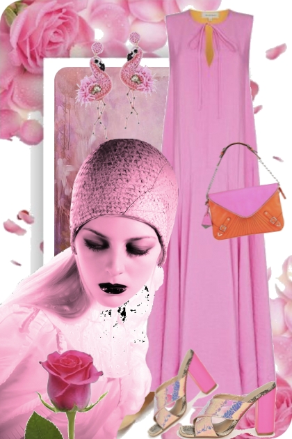 Rosa kjole med oransje/rosa veske- Modna kombinacija
