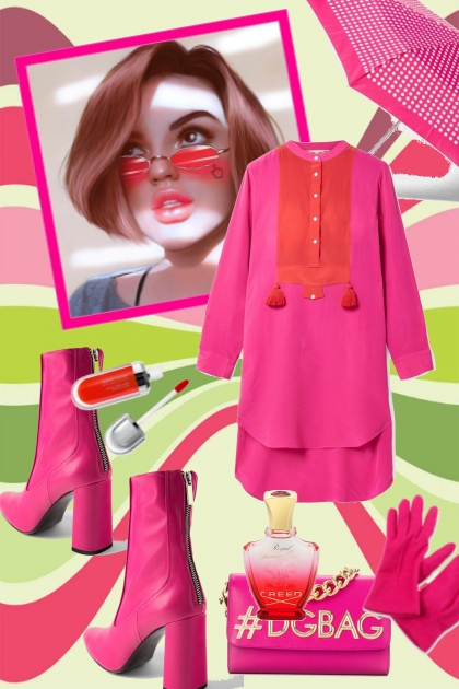 Rosa/oransje kjole og rosa tilbehør- Combinazione di moda