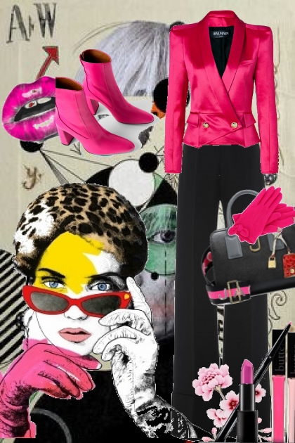 Sort bukse og rosa jakke- combinação de moda