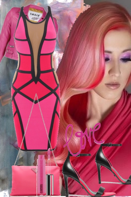 Rosa mønstret kjole og skinnjakke- Modna kombinacija