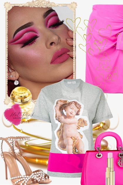 Rosa skjørt og T-skjorte med engel- combinação de moda