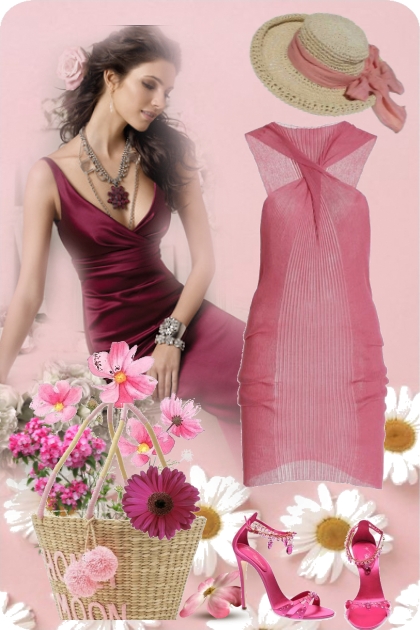 Rosa kjole og stråveske og hatt- Fashion set