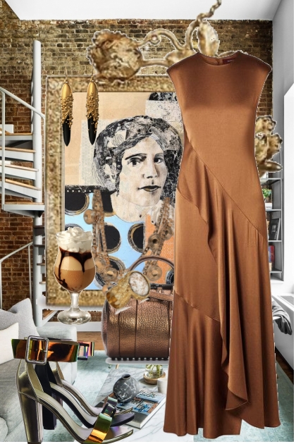 Brun kjole og metallic tilbehør- Modna kombinacija