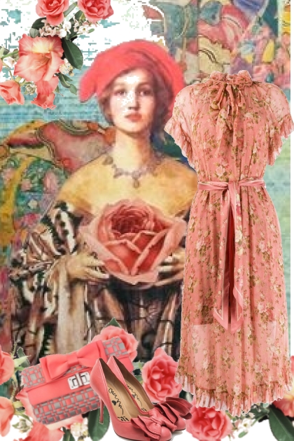 Aprikosfarget kjole med veske og sko- combinação de moda