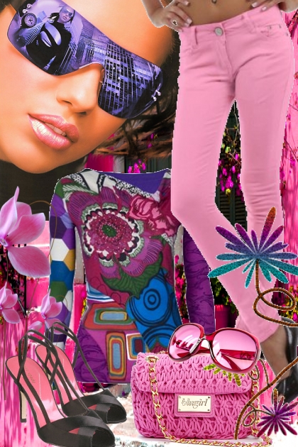 Rosa jeans og mønstret topp- コーディネート