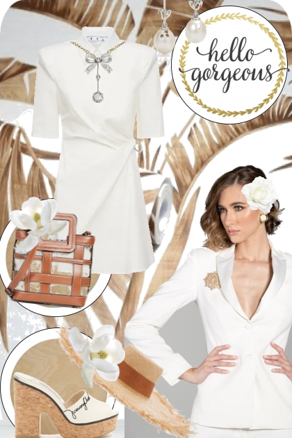 Hvit kjole og beige tilbehør- Modna kombinacija