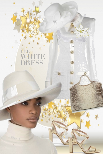 Hvit kjole med gullknapper- Modekombination