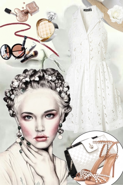 Hvit blondekjole og sandaler- Модное сочетание