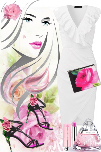 Hvit kjole og sko med roser- combinação de moda