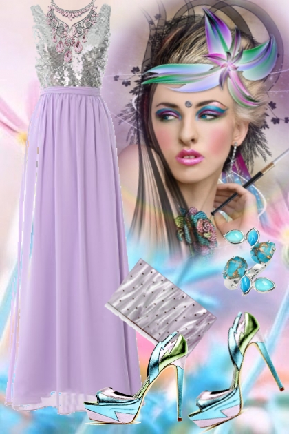 Lys lilla sid kjole med sølvtopp- Modna kombinacija