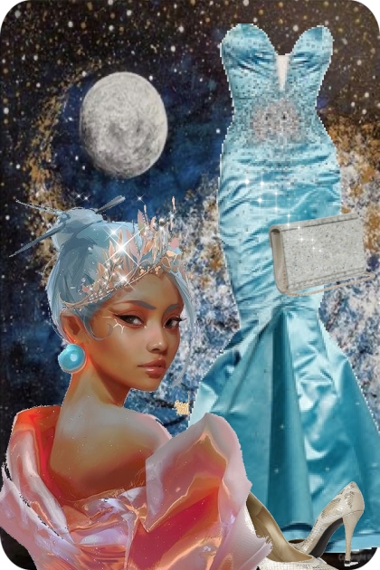 Lys blå sid kjole med sølv tilbehør