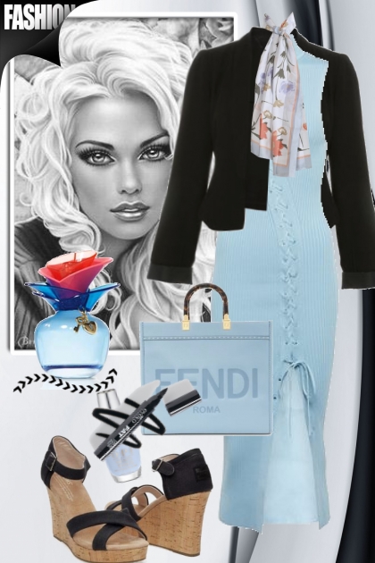 Lys blå kjole og sort jakke- Combinazione di moda