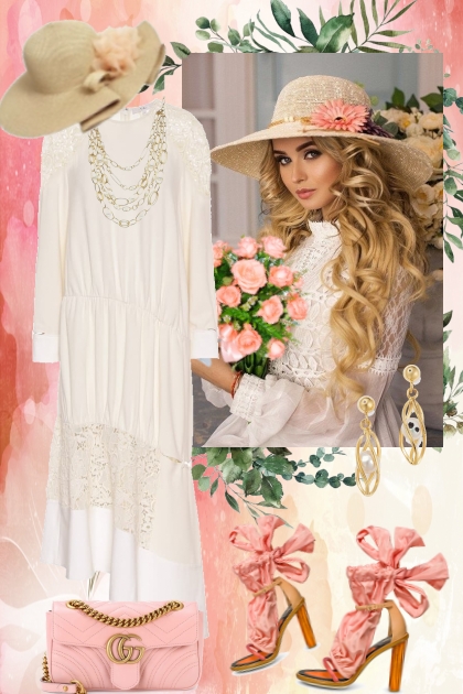 Hvit blondekjole og rosa sko- Combinaciónde moda