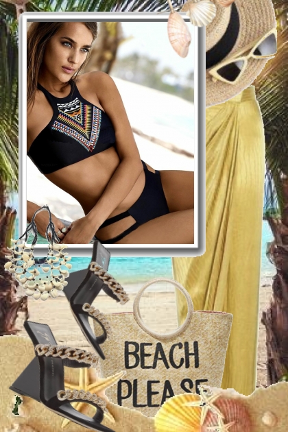 Sort bikini med mønster og gult skjørt