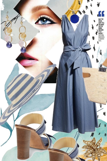 Blå kjole og stripet hatt- Combinaciónde moda