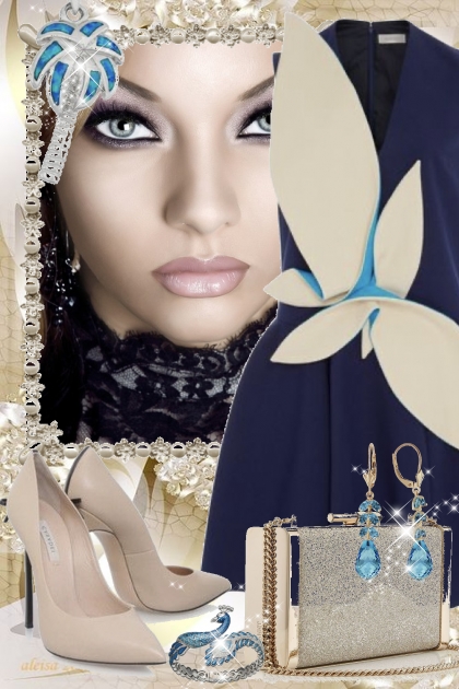 Blå kjole med beige dekor- Модное сочетание