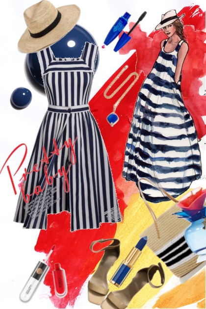 Hvit-blå stripet kjole og hatt- Combinazione di moda