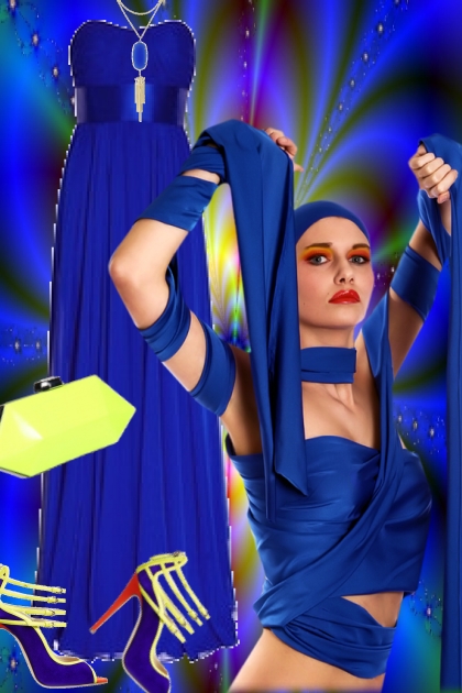Blå kjole og gult tilbehør- combinação de moda