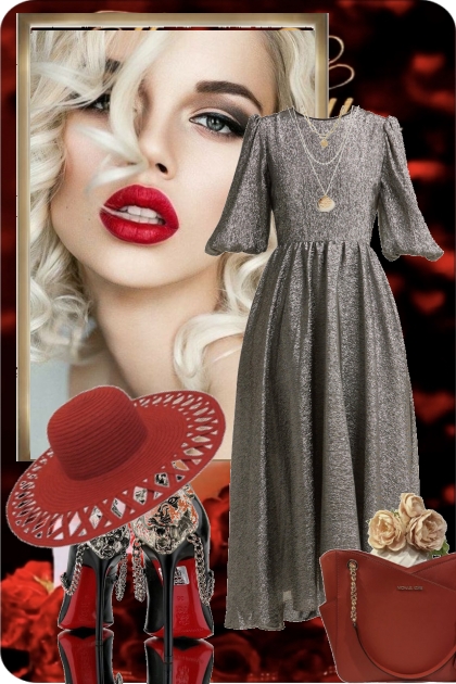 Grå kjole og rød hatt- Combinazione di moda