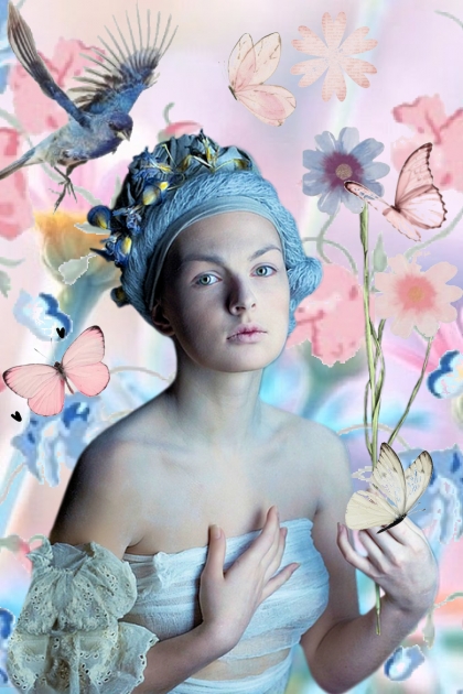 Jente med blomster og sommerfugler