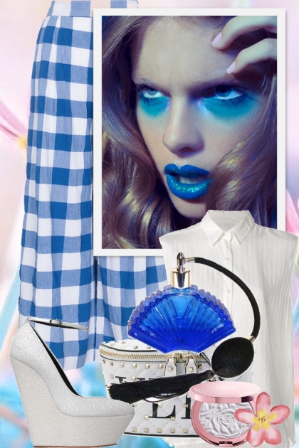 Blå-hvitrutet bukse og hvit bluse- Fashion set